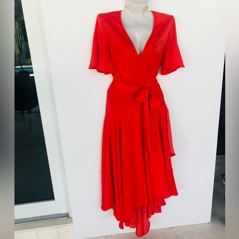 Maje Coral Wrap High-Low Midi Dress with Tie Waist. Size 1 ( S ) - Picture 5 of 12